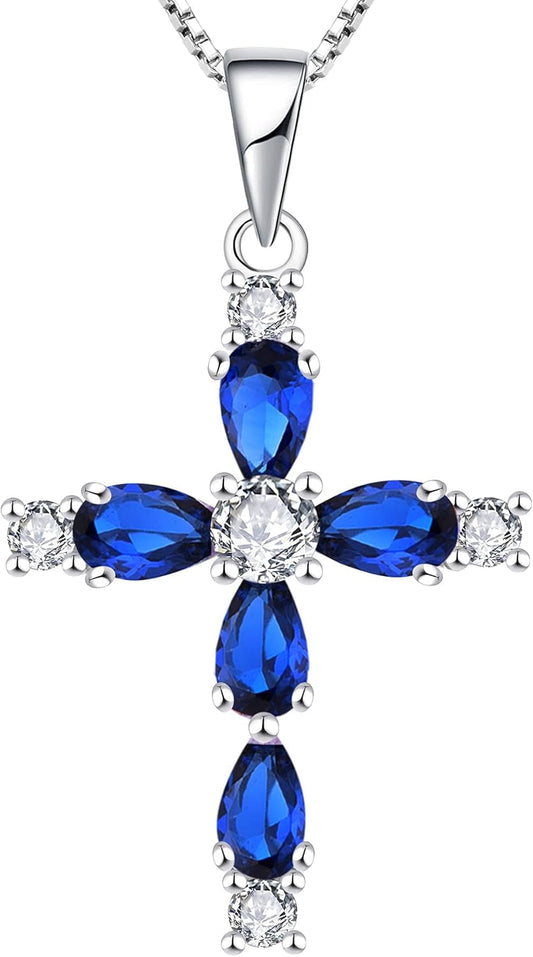 Cross Necklace for Women 925 Sterling Silver Halo Gemstone Pendant Birthstone Religious Jewelry for Mom - WORLD TIME VISITS