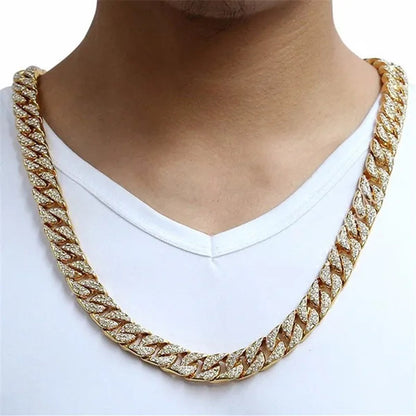 2022 New Gold/Silver Titanium Steel Chain Full Diamond Miami Cuban Link Necklace Men Punk Necklace