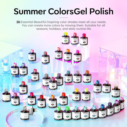 40 Pcs Gel Nail Polish Set, Summer Rainbow Neon Gel Polish Bright Hot Pink Green Yellow Purple Blue Glitter Nail Gel Polish with Nail Primer Base& Matte Glossy Top Coat Soak off LGBT Nails