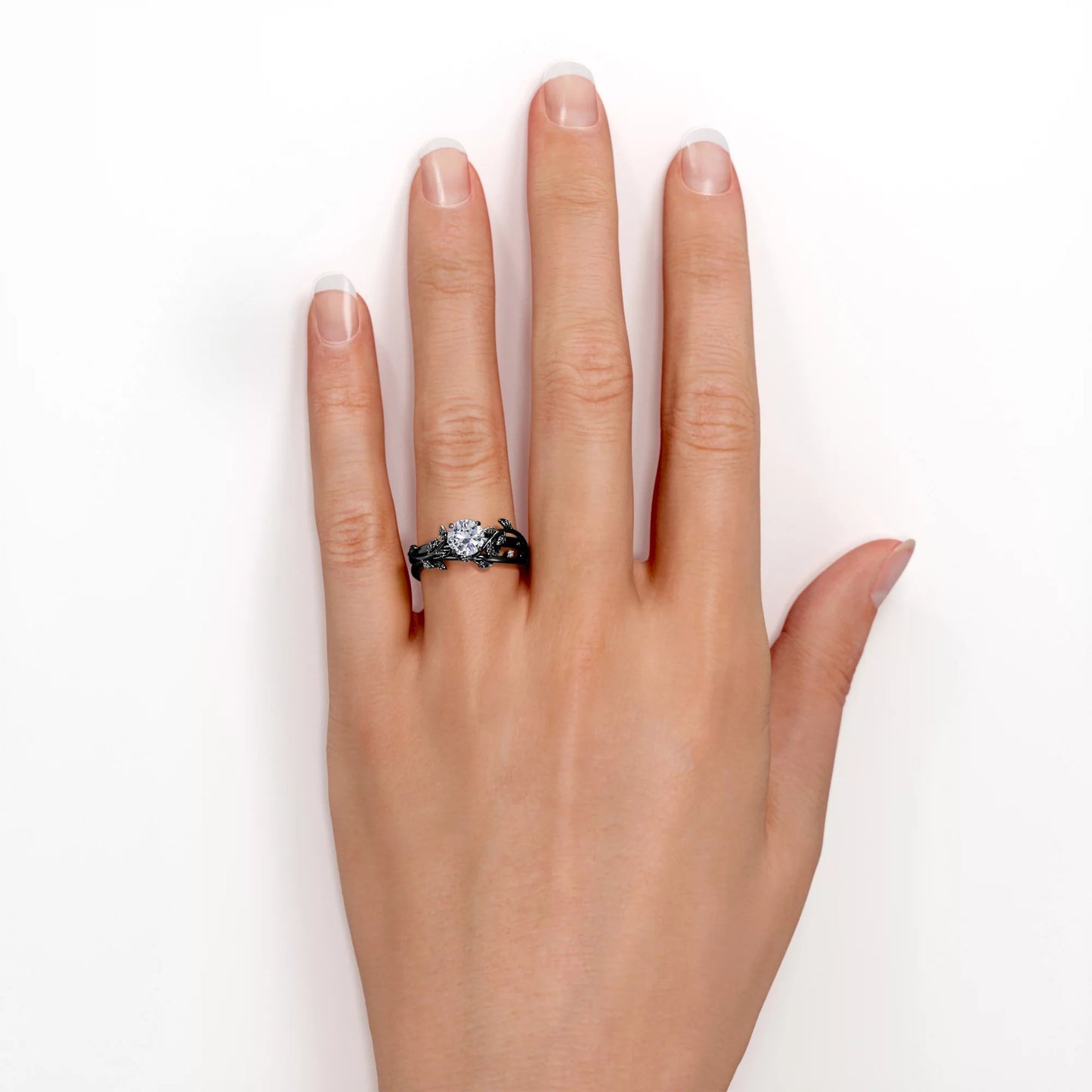 Half Carat round Real Diamond Bridal Set - Leaf and Vine Diamond Wedding Ring Set - 10K Black Gold