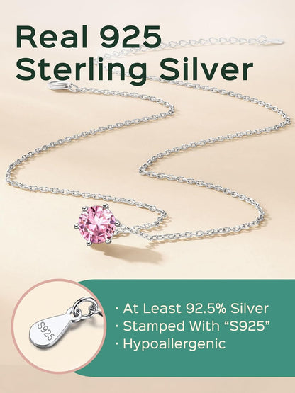925 Sterling Silver 12 Months Sparkling round Cut Created Birthstone Pendant Necklace, 16 Inch Rolo Chain (With Gift Box)