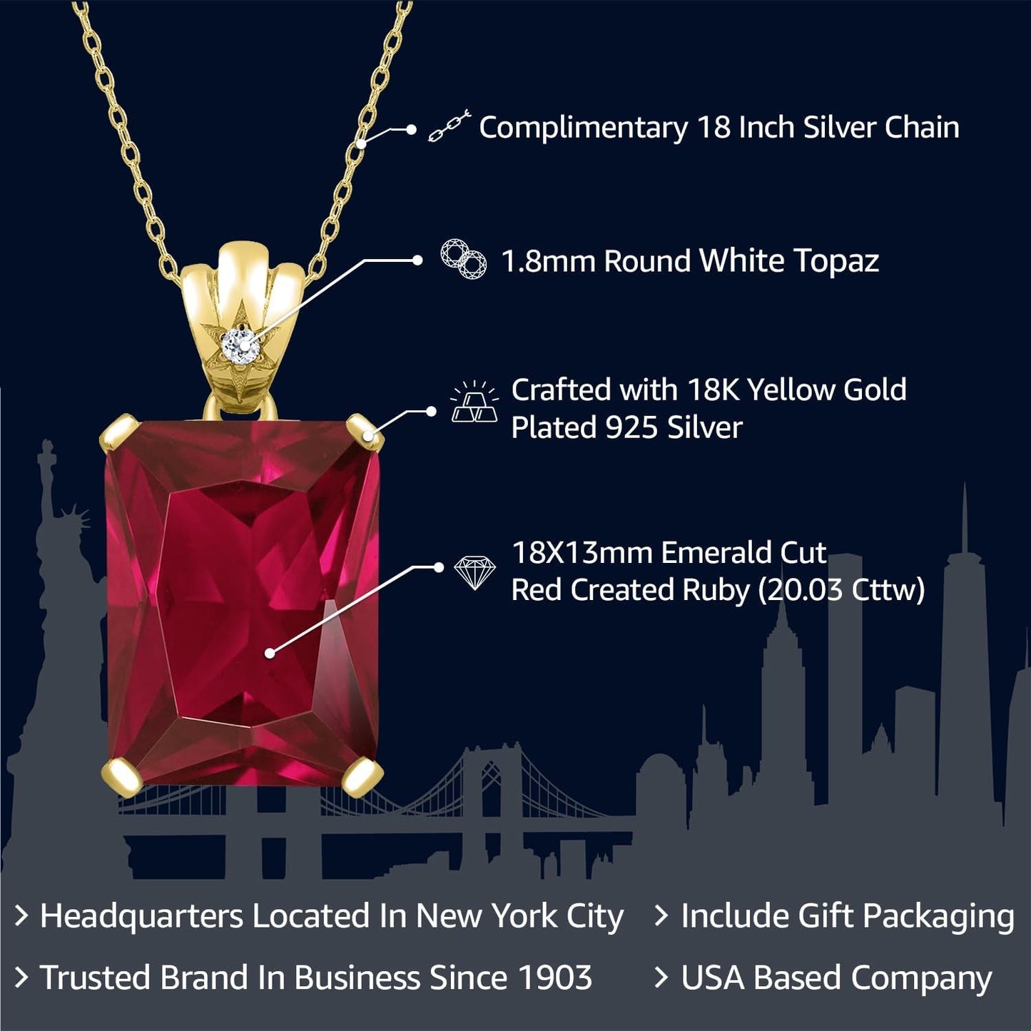 20.03 Cttw 18K Yellow Gold Plated Silver Red Created Ruby and White Topaz Pendant Necklace for Women | Emerald Cut 18X13MM | with 18 Inch Chain