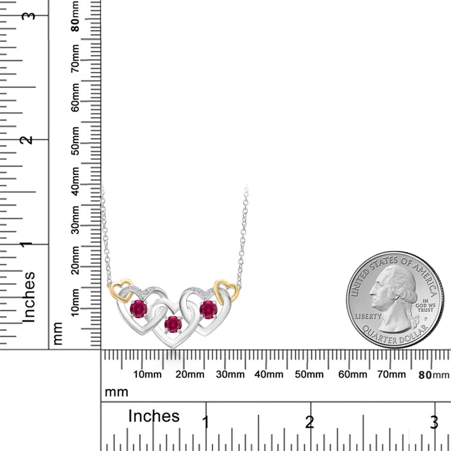 925 Silver and 10K Yellow Gold Red Created Ruby and White Lab Grown Diamond Heart Shape Pendant Necklace for Women (0.81 Cttw, with 18 Inch Chain)