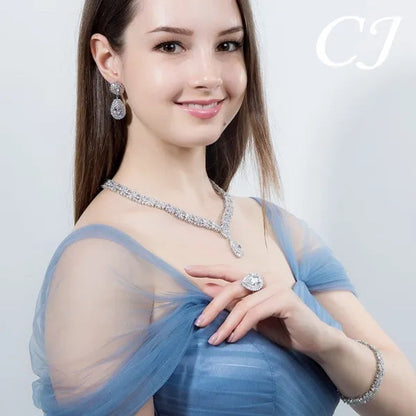 CANDICE Twinkling CZ Stone Setting Luxury Water Drop Pendant Necklace and Earrings Elegant White Gold Plating Jewelry Wedding Set Bridal Accessories for Bride