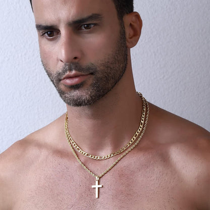 Layered Cross Necklace with Chain for Men Boys, Stainless Steel Cross Pendant Figaro Link Rope Chain 16-24 Inch Christian Religious Chriatmas Jewelry Gifts