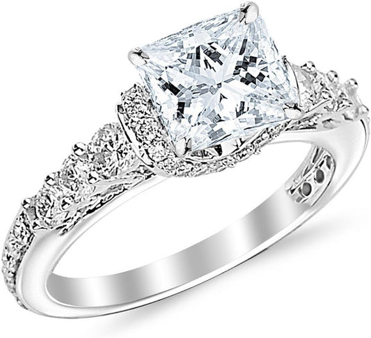 1.35 Carat Princess Cut Designer Four Prong round Diamond Engagement Ring (D-F Color, VS2-SI1 Clarity Center Stone) - WORLD TIME VISITS