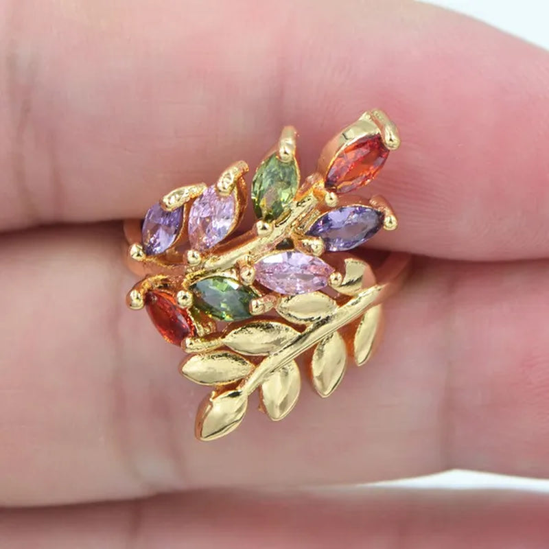 Women Fashion Multicolor Cubic Zirconia CZ Leaf Leaves Cocktail Ring Jewelry
