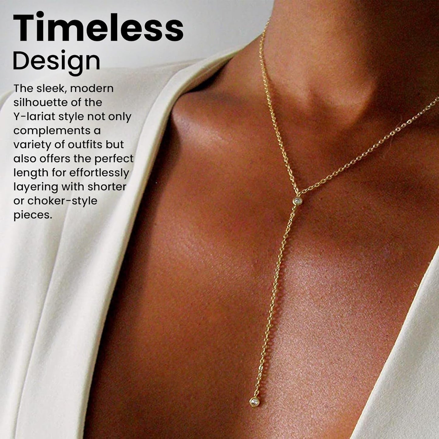 14K Gold Vermeil Lariat Necklace with 2 CZ Diamond in a 3.25" Dainty Drop Pendant, 16" - 19" Gold Dipped Sterling Silver Long Necklace for Women