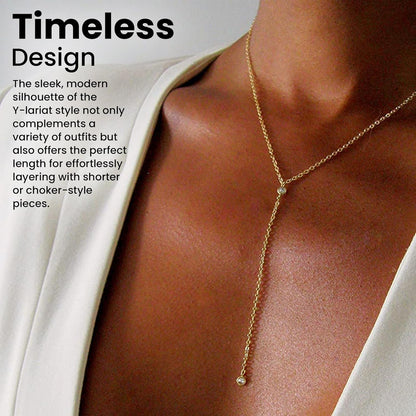 14K Gold Vermeil Lariat Necklace with 2 CZ Diamond in a 3.25" Dainty Drop Pendant, 16" - 19" Gold Dipped Sterling Silver Long Necklace for Women