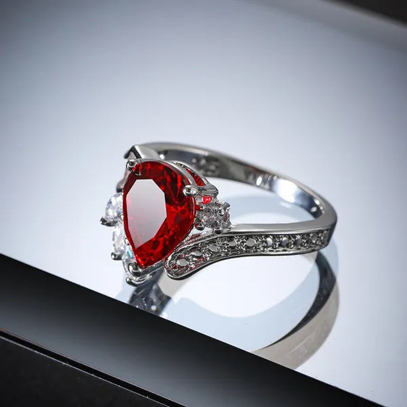 New silver-plated Fashion Natural Ruby Angel Teardrop Diamond Ring Engagement Wedding Ring Anniversary Christmas Gift Jewelry Accessories Size 5-11