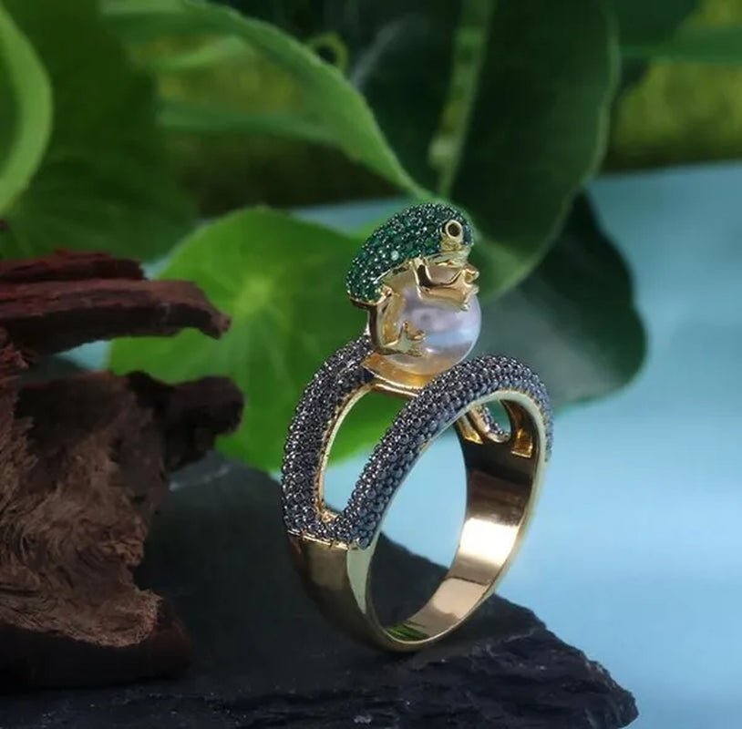 Genuine Women's Ring 9.68CT Tsavorite Rich Frog Pearl Wealth Rings Black Sapphire Jewelry Golden Wedding Band Size 6 - 10