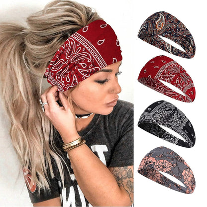 Wide Headbands for Women, Boho Bandeau Head Bands, Workout Head Wraps, Stretch No Slip Hair Wraps Pack of 4 (Stylish)