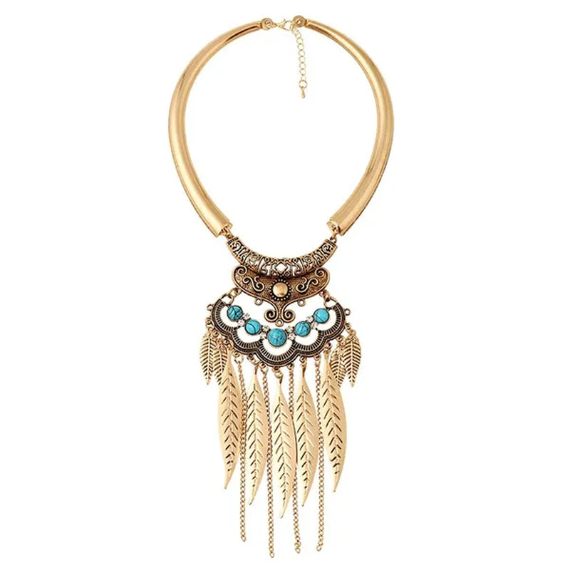 Bohemian Gypsy Ethnic Choker Collar Vintage Leaf Tassel Maxi Statement Pendant Necklace Jewelry