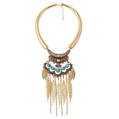 Bohemian Gypsy Ethnic Choker Collar Vintage Leaf Tassel Maxi Statement Pendant Necklace Jewelry