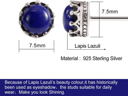 925 Sterling Silver Inlay Gemstone Earrings Crown Design Healing Crystals Studs for Woman Gift