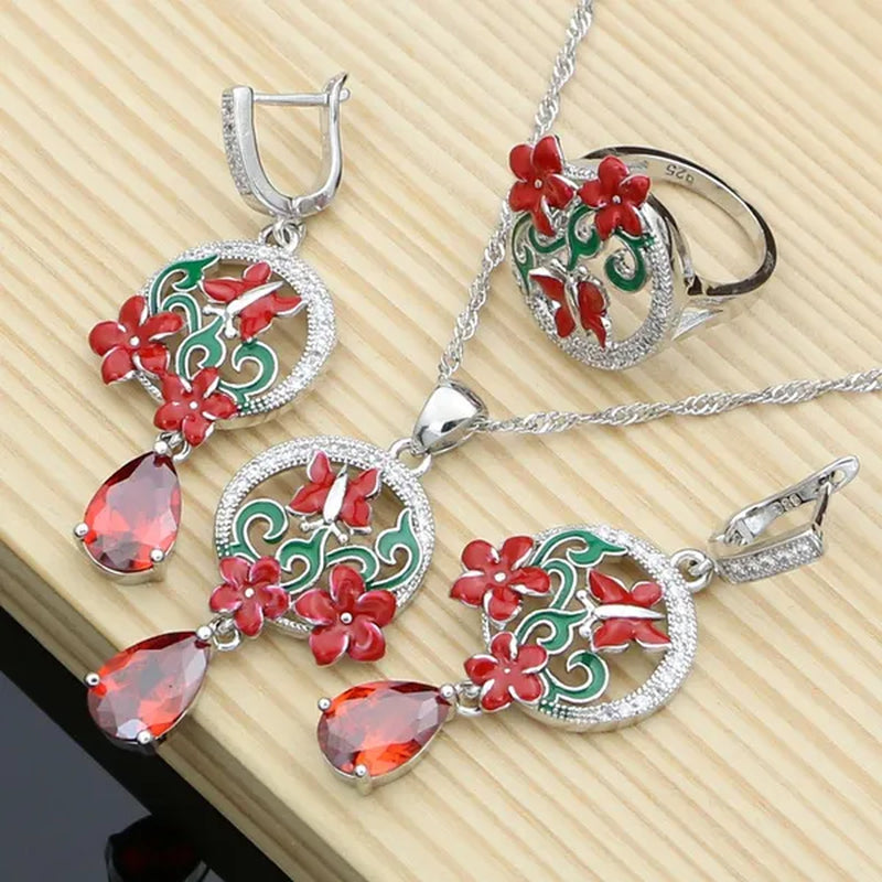 Purple Amethyst Silver 925 Jewelry Sets Charm Enamel Butterfly Flower Earrings Women Handmade Decoration Jewellry