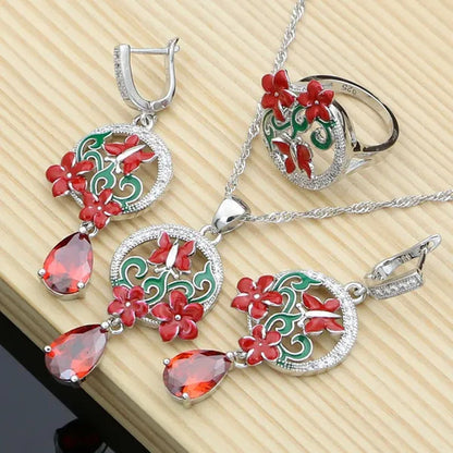 Purple Amethyst Silver 925 Jewelry Sets Charm Enamel Butterfly Flower Earrings Women Handmade Decoration Jewellry