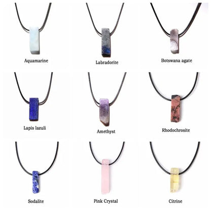 Unique Design Stone Pendant Necklace Fashion Black Rope Natural Stone Aquamarine Amethyst Citrine Beads Necklace Men Women Jewelry