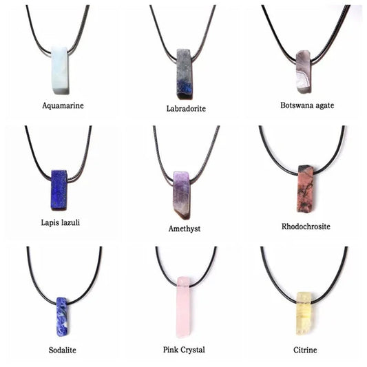 Unique Design Stone Pendant Necklace Fashion Black Rope Natural Stone Aquamarine Amethyst Citrine Beads Necklace Men Women Jewelry
