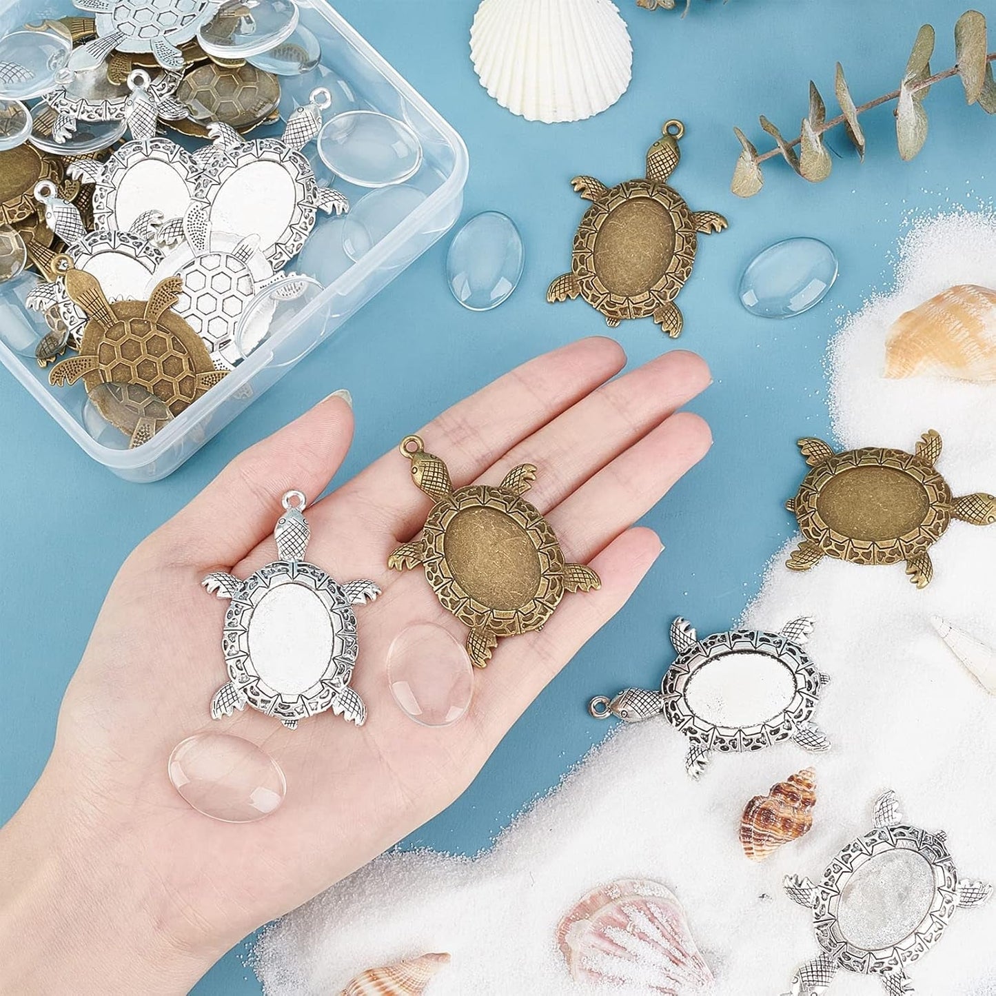 20 Sets Turtle Photo Charms Pendant Settings 25X18 Mm Oval Pendant Trays Cabochons Base Blank Bezel Cameo Bezel Cabochon Settings Memorial Photo Pendant for Graduation Jewelry Making