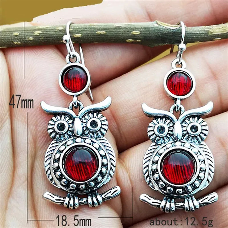 Retro Tibetan Silver Natural Ruby Sapphire Inlay Owl Ear Hook Dangle Earrings Gift for Women