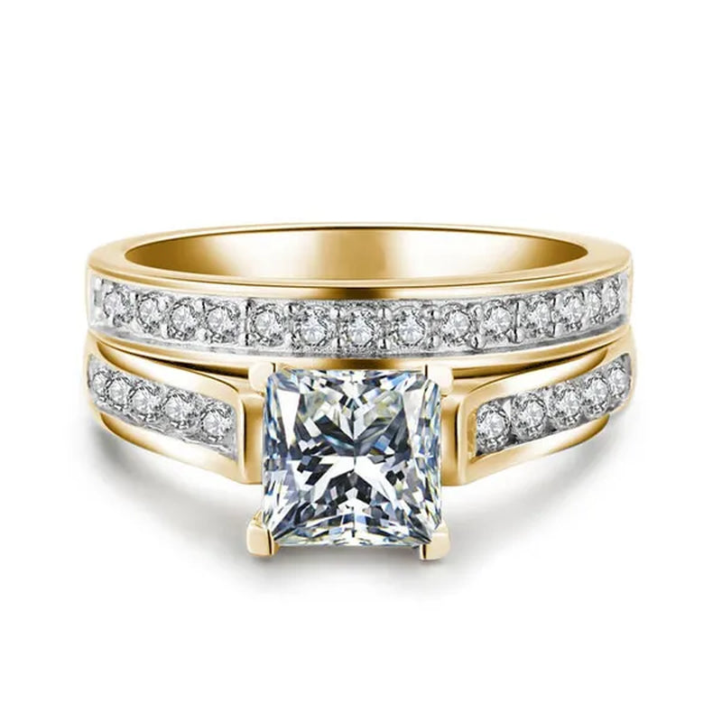 2Pcs / Set Classic Womens Fashion Gold / Silver / Black Diamond Ring Jewelry Exquisite Gold Ring Sets for Women Natural White Sapphire Rings Set Birthstone Princess Proposal Engagement Gold Ring Set Anniversary Party Romantic Bride Wedding Rings for Women
