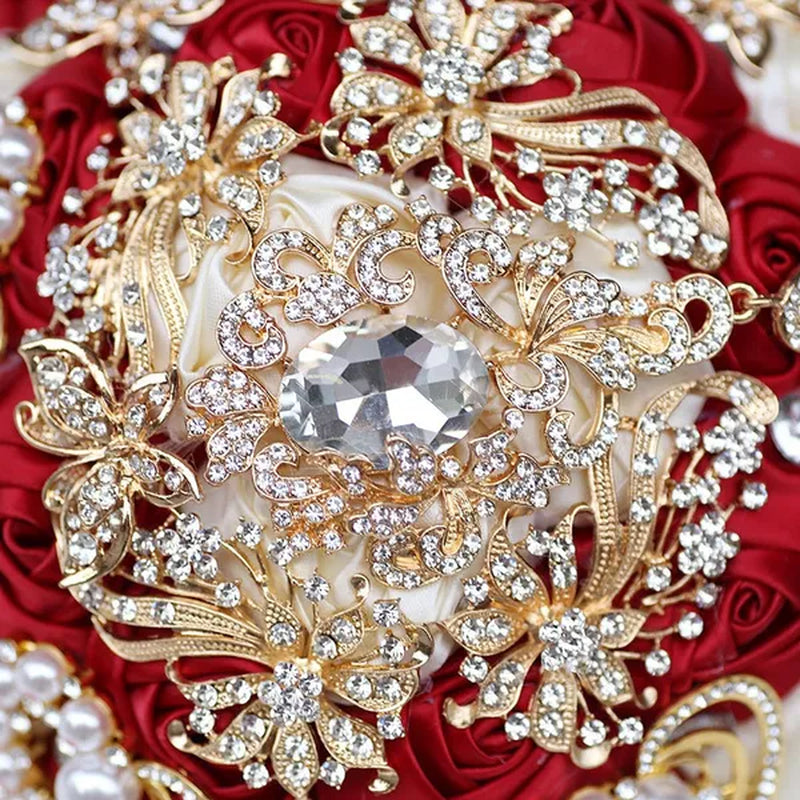 8 Inch Wine Red & Milk White Bridal  Bouquets Artificial Satin Rose Gold Diamond Brooch Bride Holding Flowers Party Valentine Bouquet