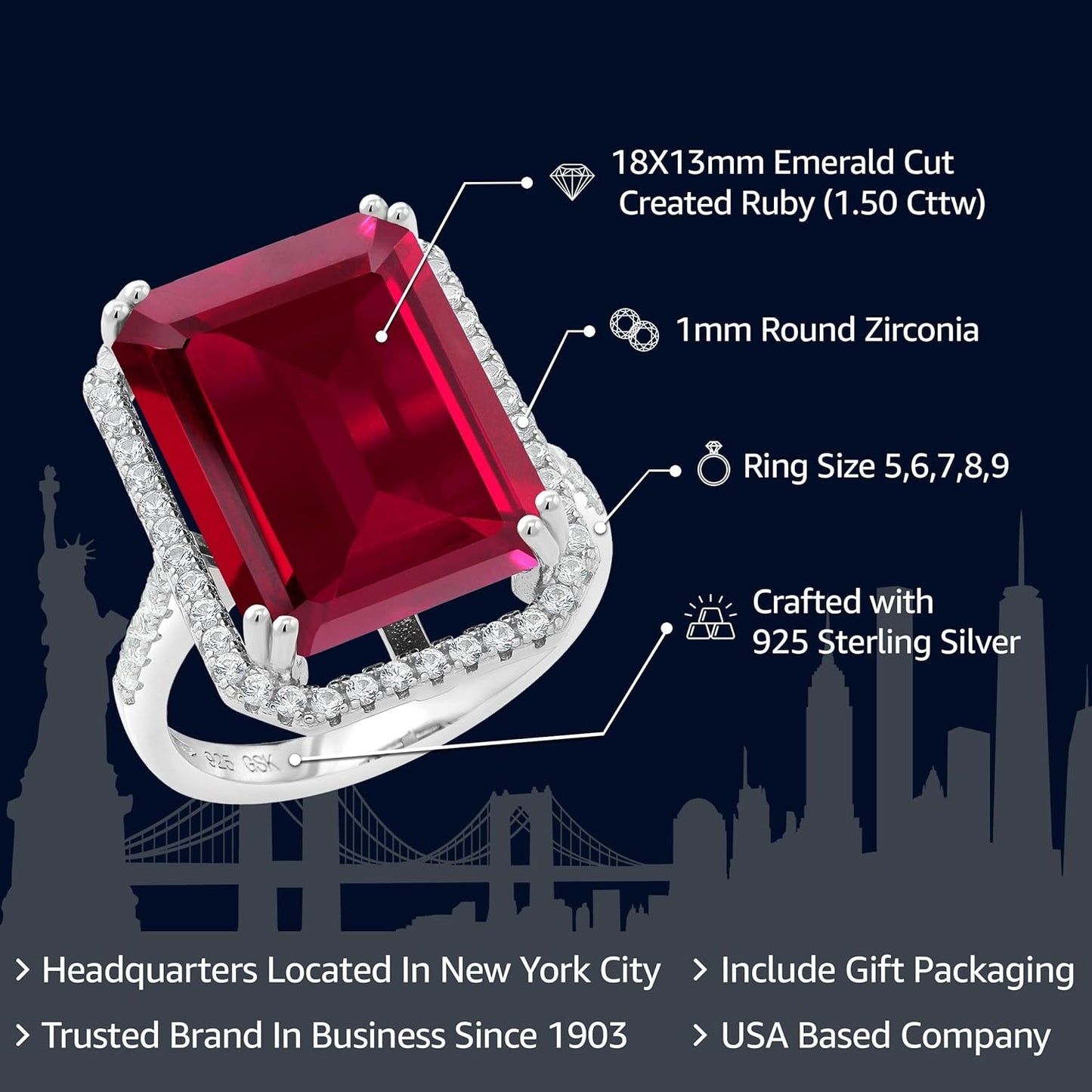 925 Sterling Silver Gemstone Birthstone Engagement Ring | Emerald Cut 18X13MM | Wedding Anniversary Promise Ring for Women | Available in Size 5, 6, 7, 8, 9