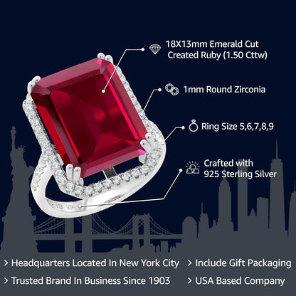 925 Sterling Silver Gemstone Birthstone Engagement Ring | Emerald Cut 18X13MM | Wedding Anniversary Promise Ring for Women | Available in Size 5, 6, 7, 8, 9