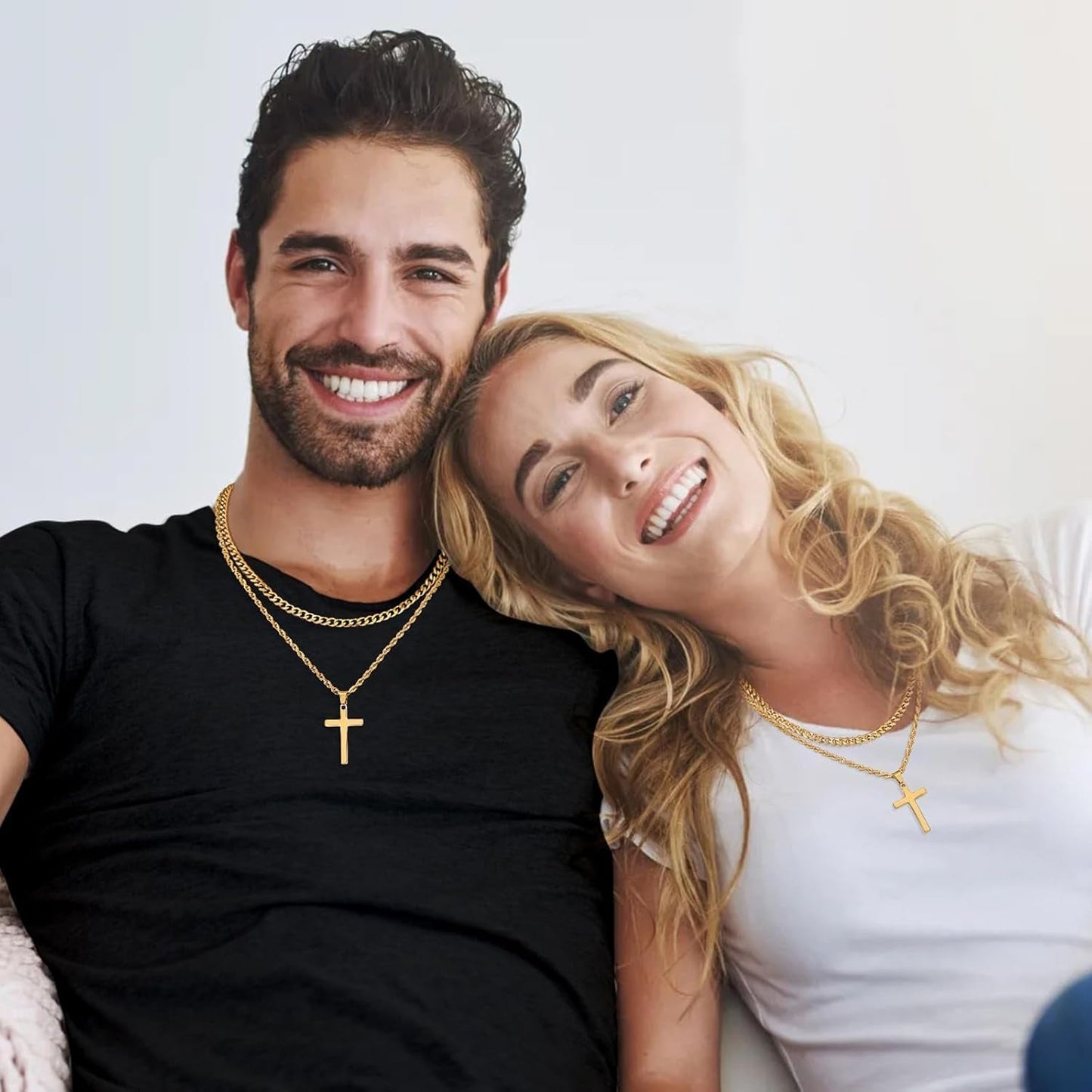 Valentines Gifts for Him - 2 Pcs Cross Necklace Chain for Men and Women, Layered Mens Cross Necklaces Stainless Steel Pendant Cuban Link Rope Chain 16-26 Inch, Jewelry Gift