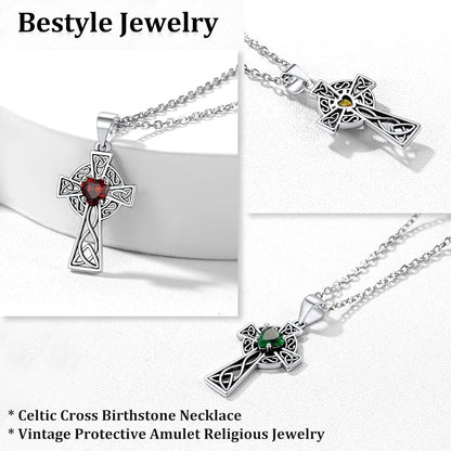 Vintage 925 Sterling Silver Celtic Cross/Triquetra Necklace with 12 Month Heart Gemstone, Dainty Heart Birthstone Necklace Faith Irish Amulet Lucky Jewelry Birthday Gift for Women Girls…