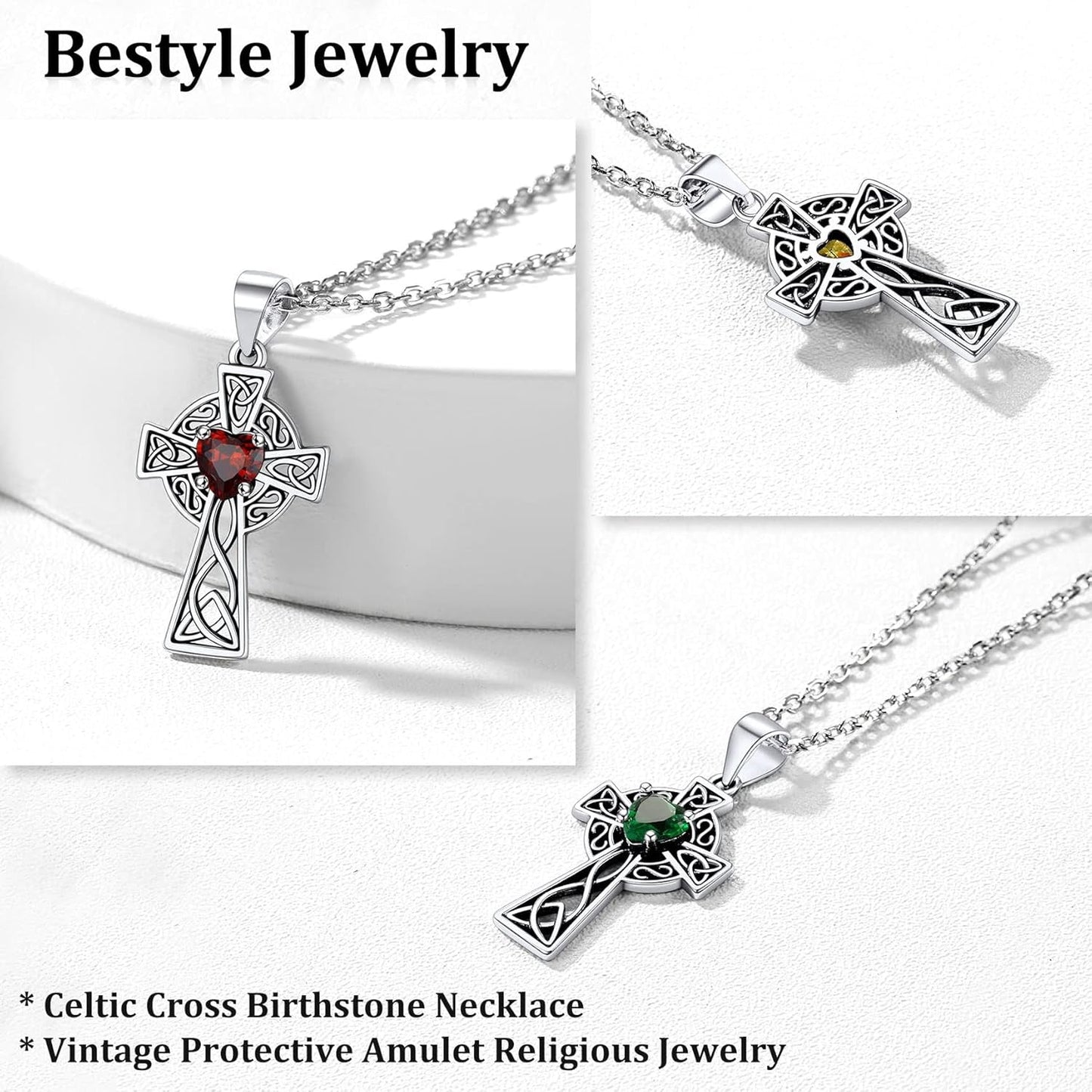 Silver Celtic Cross Necklace with 12 Month Heart Birthstone, Dainty Celtic Birthstone Necklace Silver Chain for Women Faith Irish Amulet Lucky Birthstone Jewelry