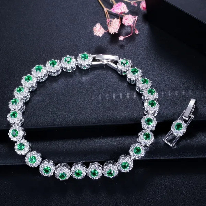CANDICE 2023 New Sterling Silver Party Jewelry with Green Crystal Stone and CZ Zirconia Women Flower Charm Bracelets Bangles