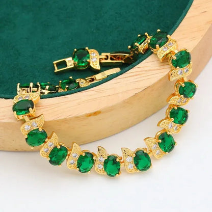 New Arrivals Gold Color Jewelry Sets For Women Wedding Green Zircon Bracelet Earrings Necklace Pendant Open Ring 4PCS