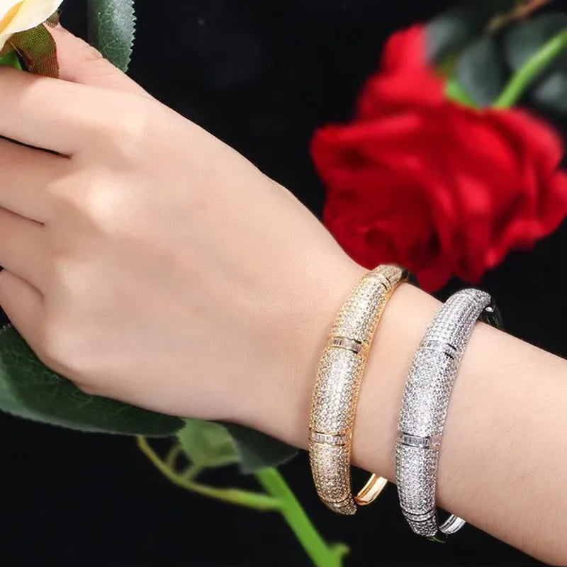 Gloriya Expensive Ladies Modern Jewelry Silver Gold Plated Micro Pave Sparkle AAAAA Cubic Zircon Women Noble Bangle Bracelet for Engagement Gift