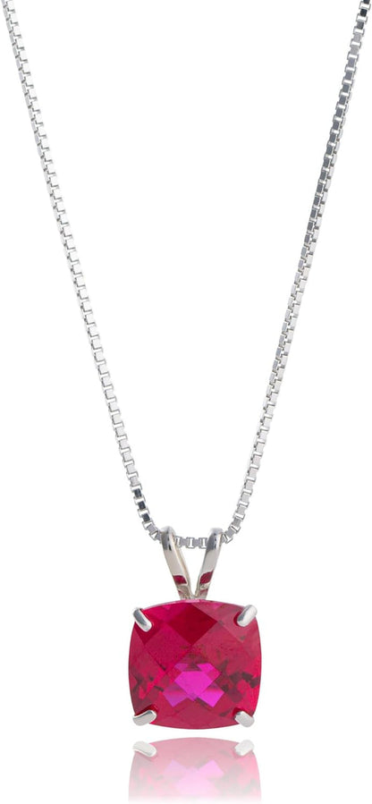 14K White Gold 8Mm Cushion Cut Birthstone Pendant Necklace for Women with 18 Inch Box Chain