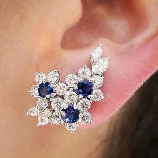 Trendy Flower Shape Blue Sapphire and Diamond Ear Climber Earring for Women Daily Casual Accessories Engagement Party Jewelry