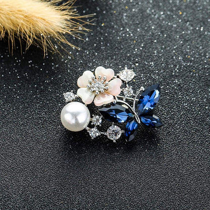 Women Faux Quartz Butterfly Flower Imitation Pearl Brooch Pin Lapel Clip Decoration Festival Birthday Gift- Rose Gold Festival Birthday Gift- Red
