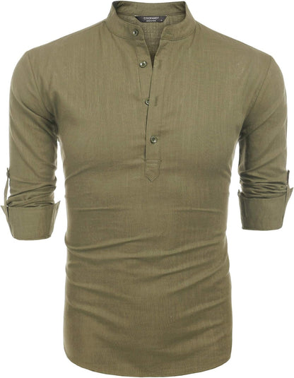 Men'S Cotton Linen Henley T-Shirts Long Sleeve Hippie Casual Beach T-Shirts