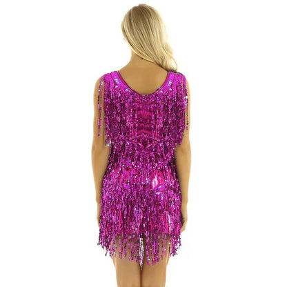 Womens V Neck Sleeveless Sparkling Sequin Tassels Ballroom Samba Tango Latin Dance Dress Stage Performance Costumes