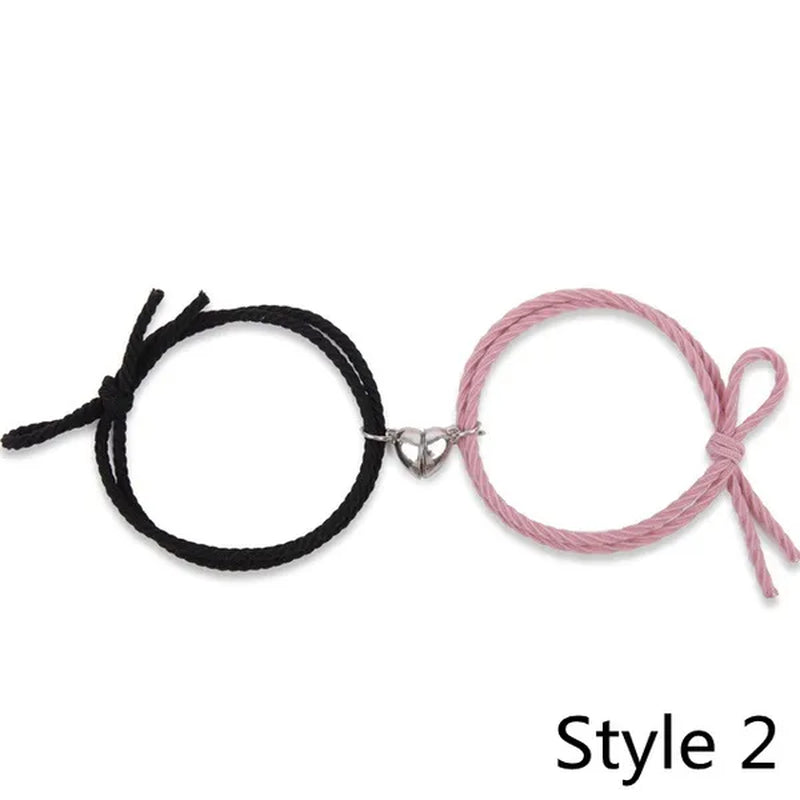 2Pcs Magnetic Bracelet Stainless Steel Heart Pendant Charm Couple Bracelets for Lover Friend Men Women Braid Rope Bracelets - WORLD TIME VISITS
