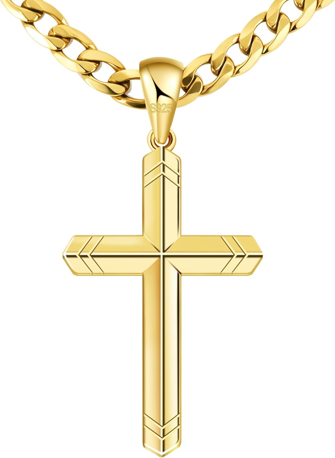 925 Sterling Silver Cross Necklace for Men, 18K Gold over Real Silver Cross Pendant Necklace with 4.5MM Durable Stainless Steel Cuban Link Curb Chain Shiny Cross Necklaces 16-28 Inches - WORLD TIME VISITS
