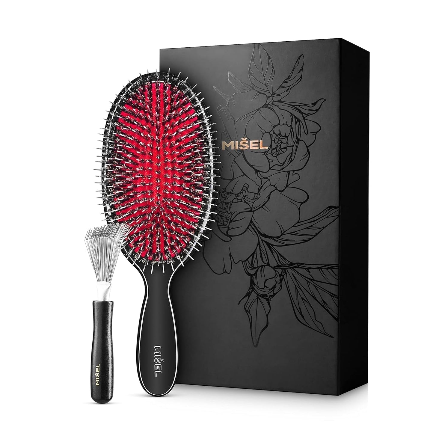 MISEL Boar Bristle Hair Brush and Brush Cleaner Bundle for Women and Men | Detangles Thin or Thick Natural Hair and Hair Extensions | Reduces Breakage | Great for Wavy and Straight Hair | Large