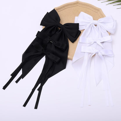 6 PCS Satin Big Hair Bows for Women Hair Ribbons Oversized Long Tail White Black Bow for Hair Bow Large Hair Ribbon Barrettes Metal Clips Bowknot Hair Accessories