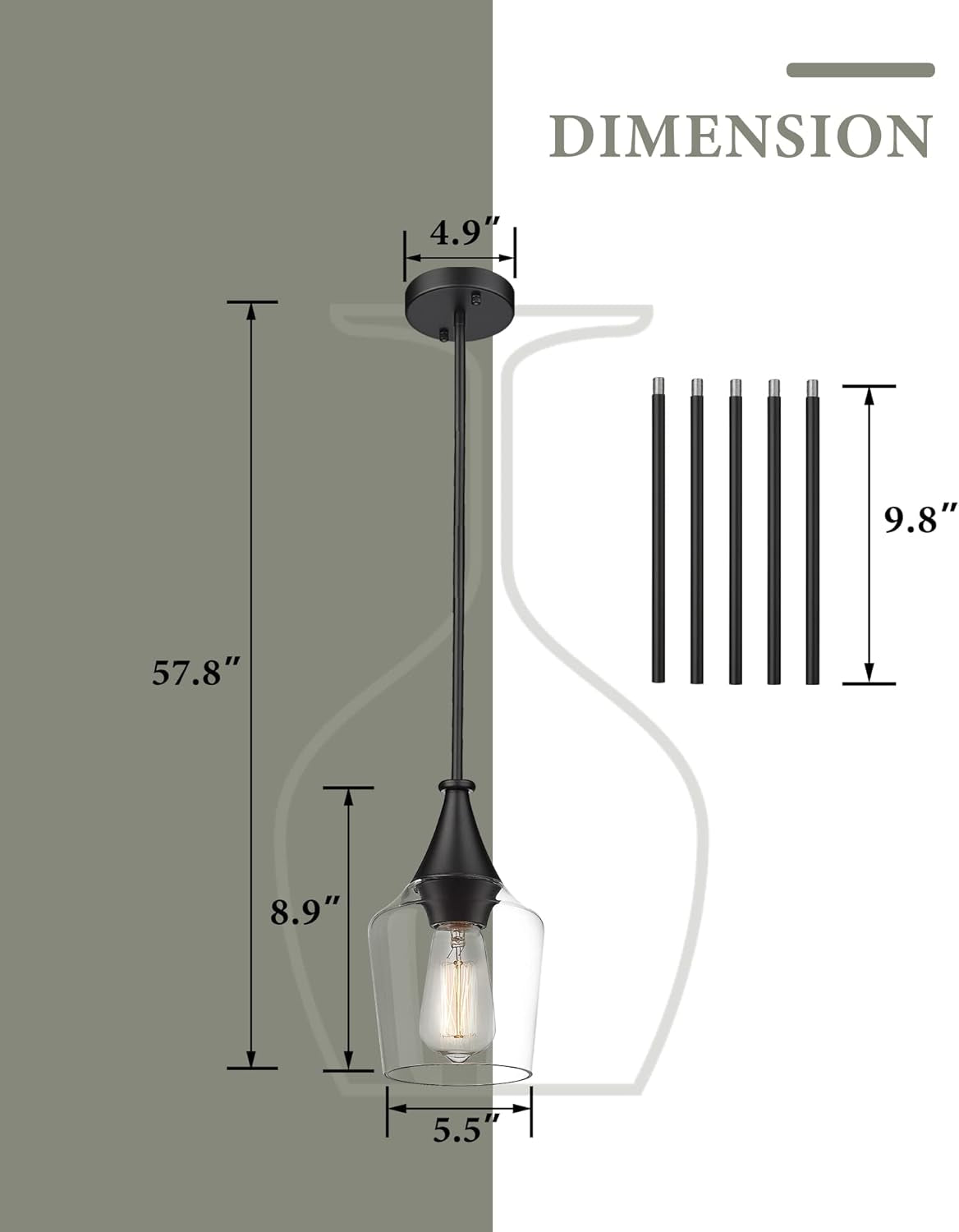 Modern Pendant Light Fixture, 1-Light Black Hanging Light Light Fixtures with Wine Glass Shade, Adjustable Height, Kitchen Island Pendant Lighting for Dining Room