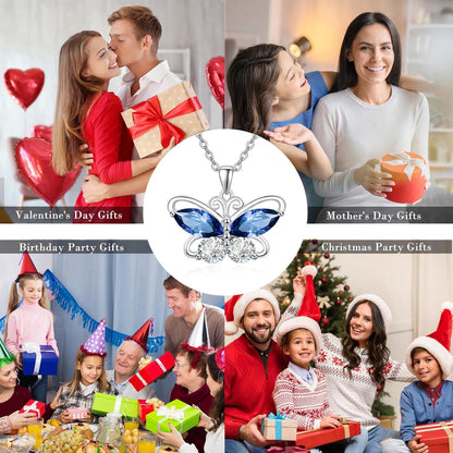12 Birthstone Butterfly Pendant Necklace for Women 925 Sterling Silver Cubic Zirconia Butterfly Jewelry Christmas Wedding Birthday Gifts for Mom Wife Daughter