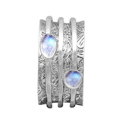 Large 925 Pure Sterling Silver Moonstone Diamond Sculpture Printing Ring Wedding Party Jewelry
