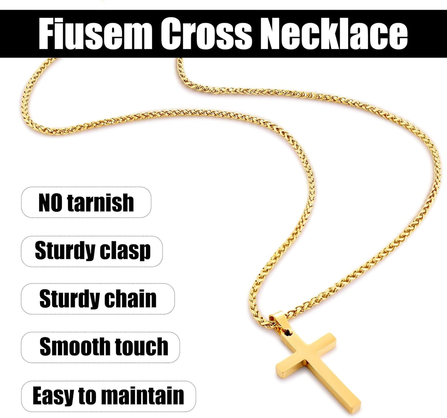 Cross Necklace for Men, Silver Tone/Gold Plated/Black Mens Cross Necklaces with 2.5Mm Chain, Stainless Steel Wheat Chain, 16-24 Inch