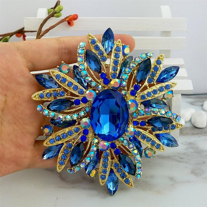 3.5" Huge Big Large Brooch Pendant Scarf Hats Decoration Blue Flower Pin Gold Tone