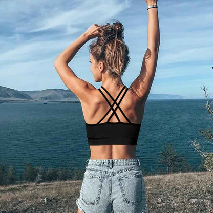 Cross Back Sports Bra for Women Padded Strappy Yoga Bra Medium Support Workout Bra for Athletic Gym Fitness 3 Pack